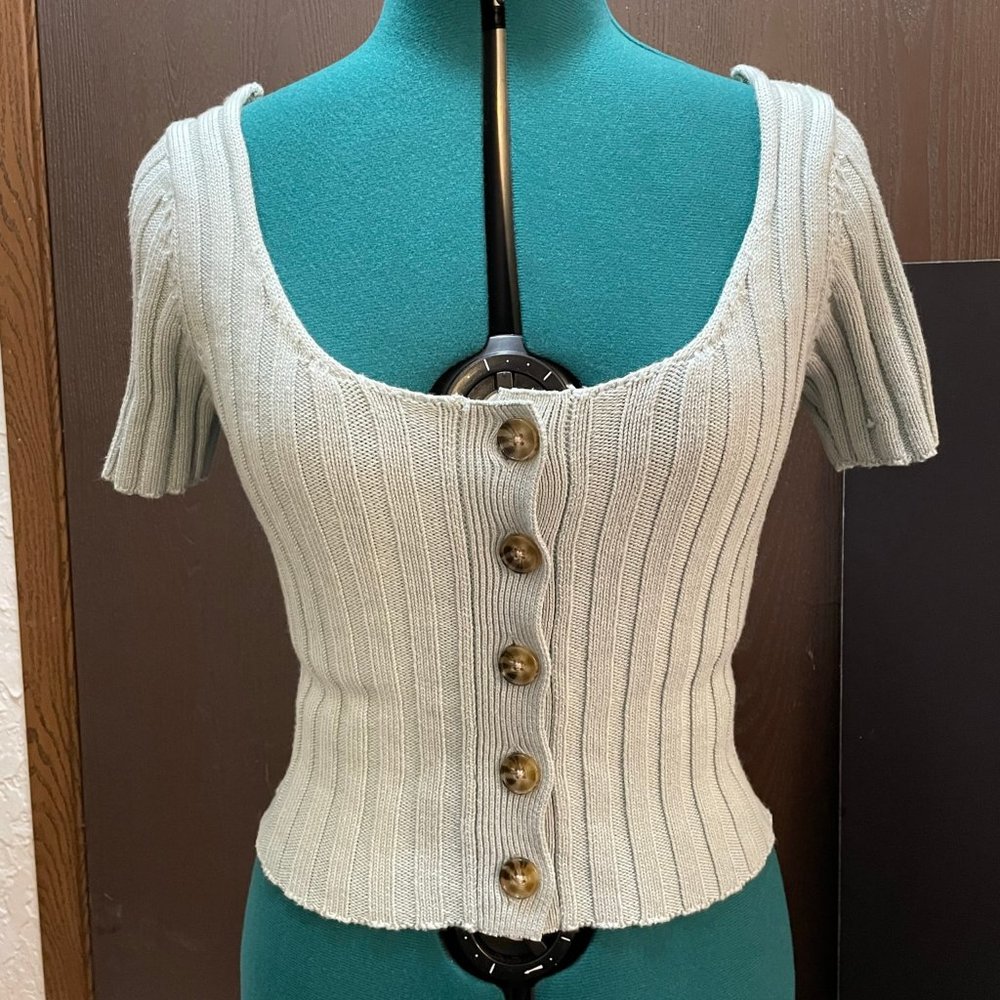 Forever 21 Ribbed Knit Button Up Short Sleeved Sweater Light Blue Size M